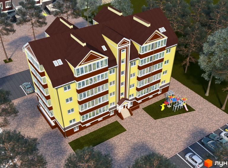 Зображення Житлового комплексу Академквартал-3: багатоповерховий будинок жовтого кольору з коричневим дахом. На території є дитячий майданчик та парковка.