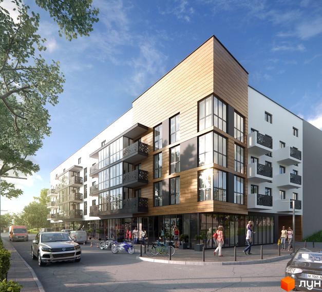 Зображення фасаду будинку Житловий комплекс Plus з великими вікнами та балконами. На передньому плані - автомобілі та люди на вулиці.
