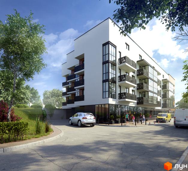 Зображення сторінки ЖК Plus. Багатоповерховий будинок з балконами та панорамними вікнами. На території є парковка та зелені насадження.