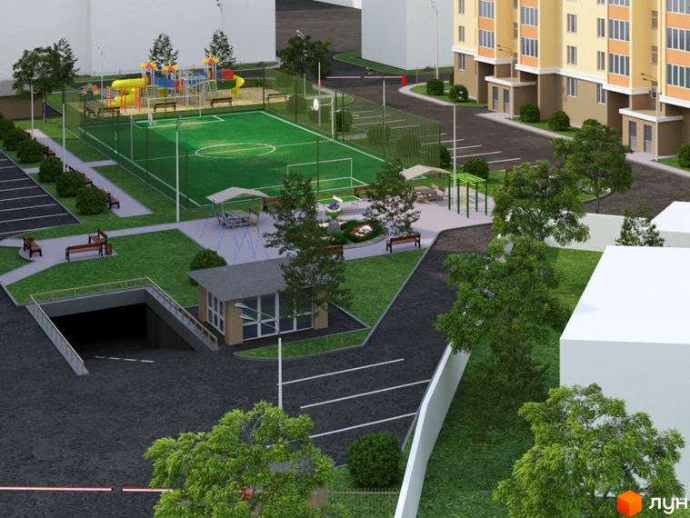 Зображення ЖК Новий квартал. На фото видно багатоповерховий будинок з жовтим фасадом, а також облаштовану прибудинкову територію з дитячим майданчиком та футбольним полем.