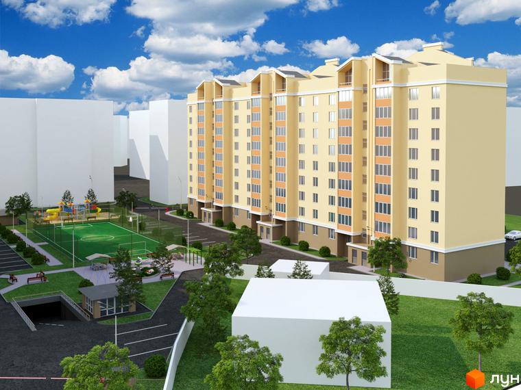 Житловий комплекс Новий квартал. Багатоповерховий будинок з жовтим фасадом. На території є дитячий майданчик, спортивний майданчик та зелені насадження.