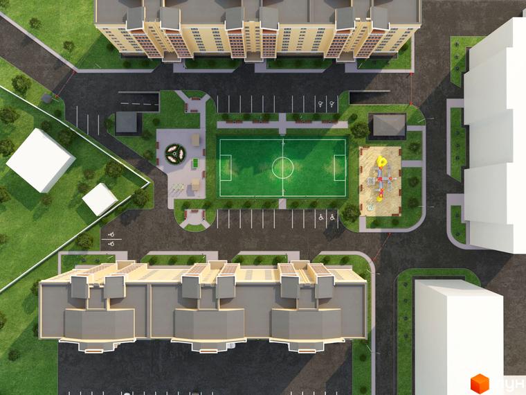 Вид зверху на ЖК Новий квартал. На зображенні видно житлові будинки, парковку, дитячий майданчик та футбольне поле.