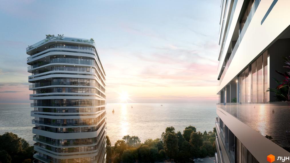 Житловий комплекс Kandinsky Odesa Residence біля моря. Вид на висотні будинки з терасами та панорамними вікнами, на даху озеленення.