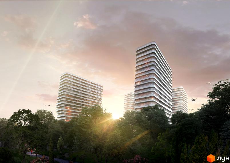Житловий комплекс Kandinsky Odesa Residence з білими фасадами на тлі неба. На передньому плані зелені дерева та доріжки для прогулянок.