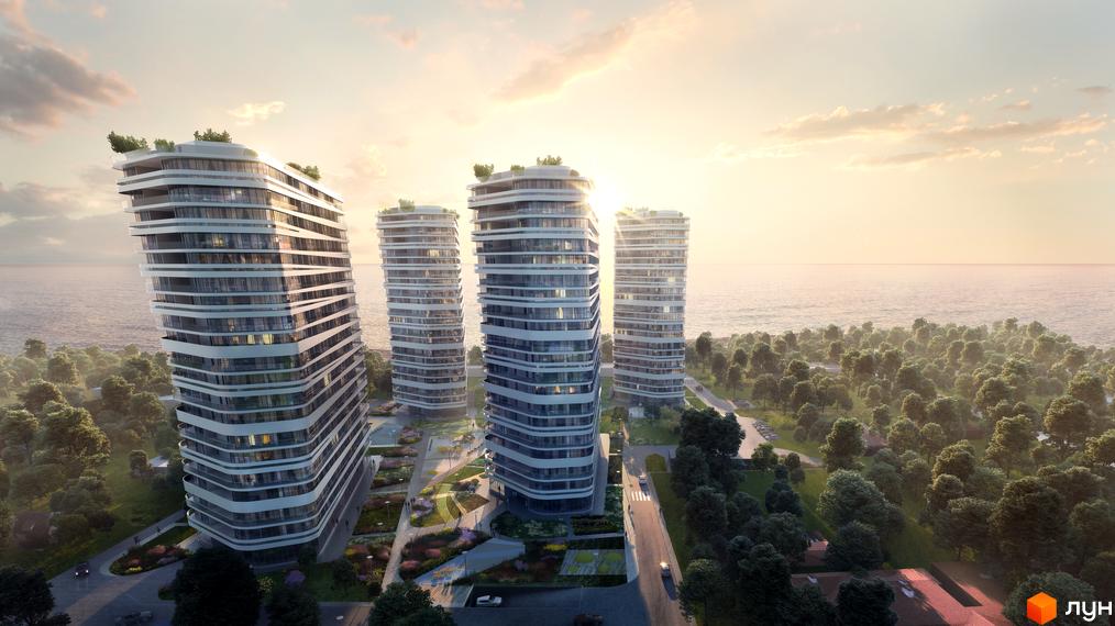 Kandinsky Odesa Residence - це висотні будинки з панорамними вікнами та терасами. На території ЖК є зелені зони, алеї та доріжки для прогулянок.