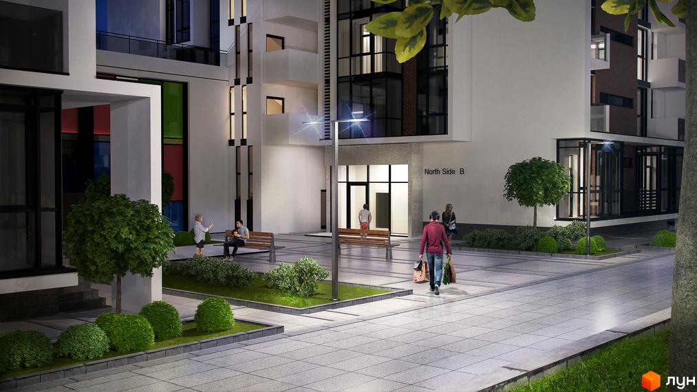 Житловий район Manhattan: сучасна архітектура новобудови з великими вікнами та упорядкованою прибудинковою територією з зеленими насадженнями та місцями для відпочинку.