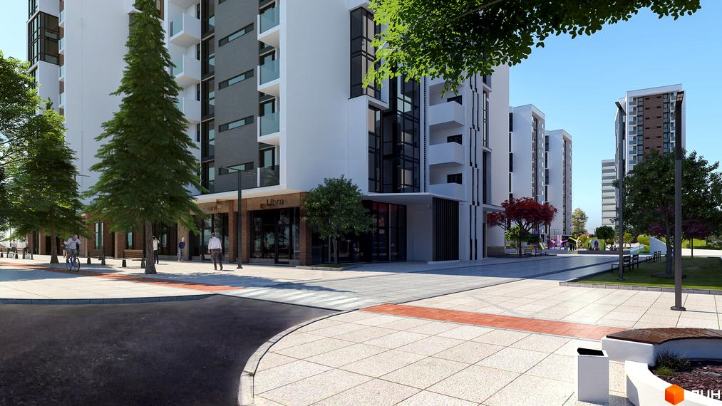 Житловий район Manhattan: сучасні багатоповерхові будинки з балконами та панорамними вікнами, упорядкована прибудинкова територія з деревами та дитячим майданчиком.