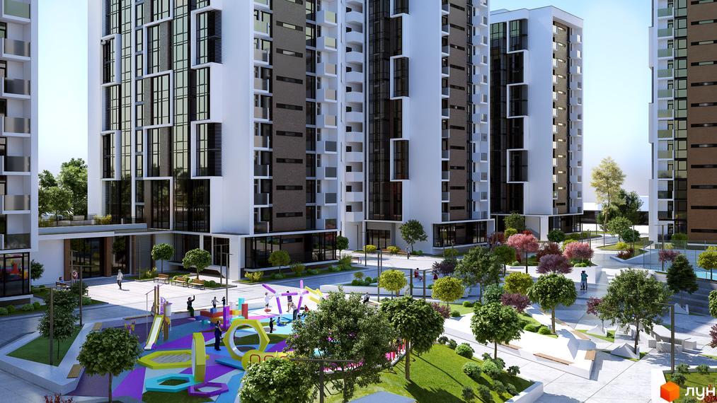 Житловий район Manhattan: сучасні багатоповерхові будинки з панорамним склінням та облаштований дитячий майданчик. Зелені зони та місця для відпочинку.