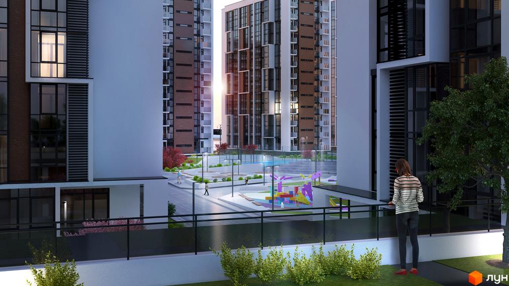 Житловий район Manhattan: сучасна архітектура висотних будинків та облаштований двір з дитячим майданчиком. Фото новобудови.