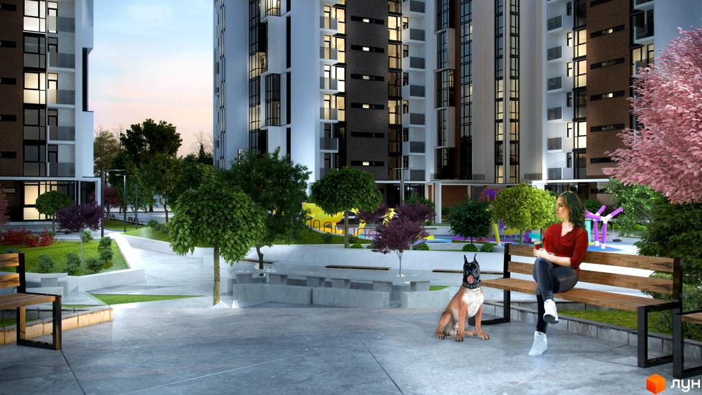 Житловий район Manhattan: сучасна архітектура будинків та зелена прибудинкова територія з місцями для відпочинку. Насолоджуйтесь комфортом та безпекою у вашому новому домі.