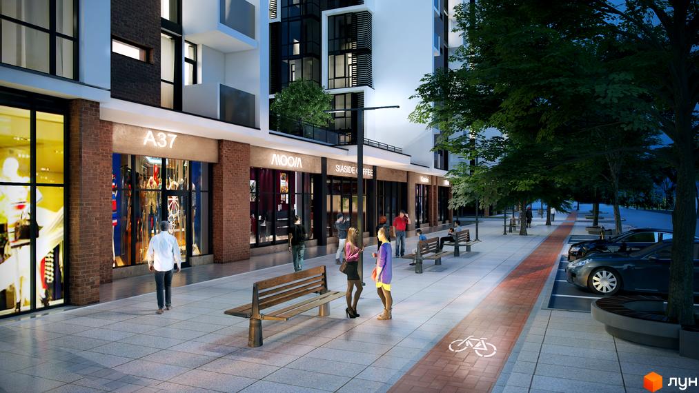 Житловий район Manhattan: фасади будинків з комерційними приміщеннями та доглянутою прибудинковою територією з лавками та деревами.