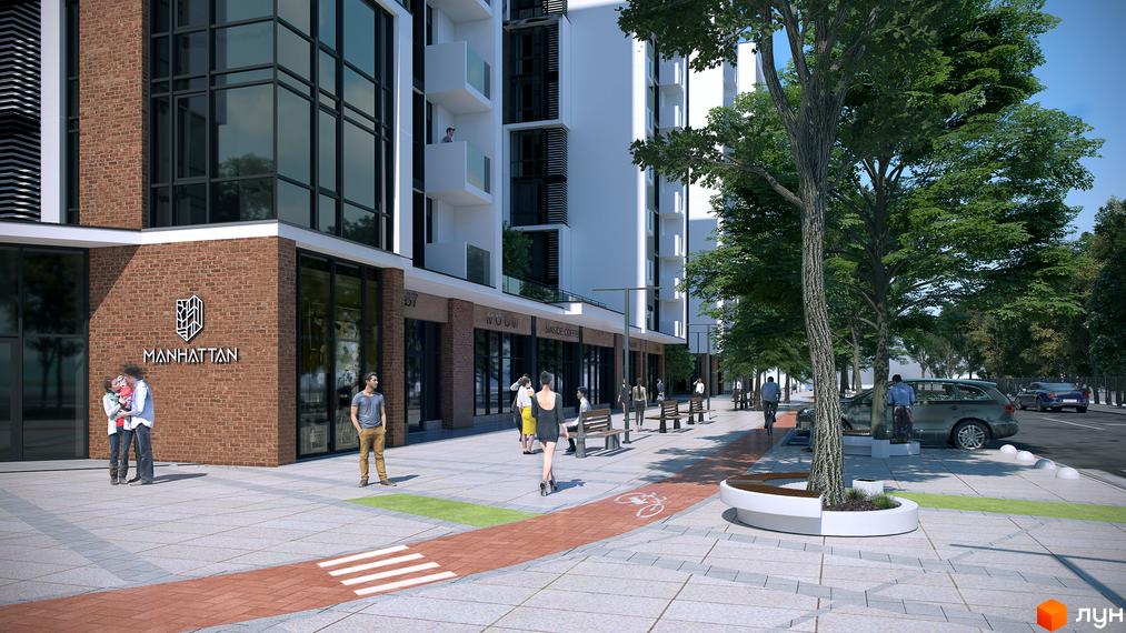 Житловий район Manhattan з цегляним фасадом та білими поверхами. Поруч розташовані дерева, лавки та доріжка для велосипедистів.