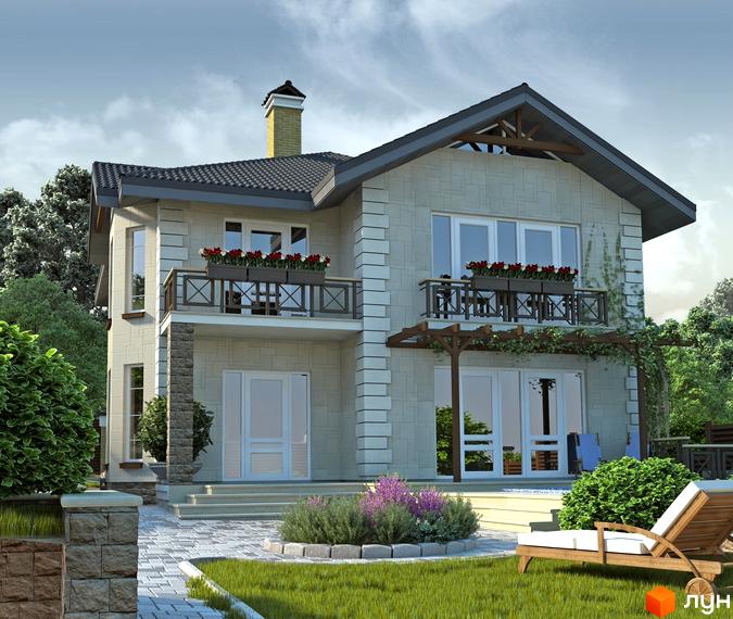 Двоповерховий будинок з балконами та терасою, оздоблений світлим каменем. На прибудинковій території газон, квіти та шезлонг для відпочинку.