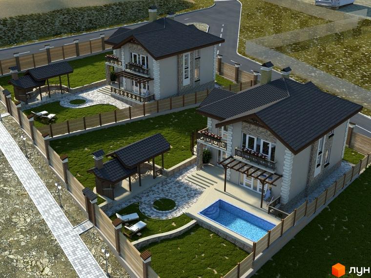 Візуалізація будинку в житловому комплексі. На зображенні двоповерховий будинок з терасою, басейном та зоною відпочинку на прибудинковій території.