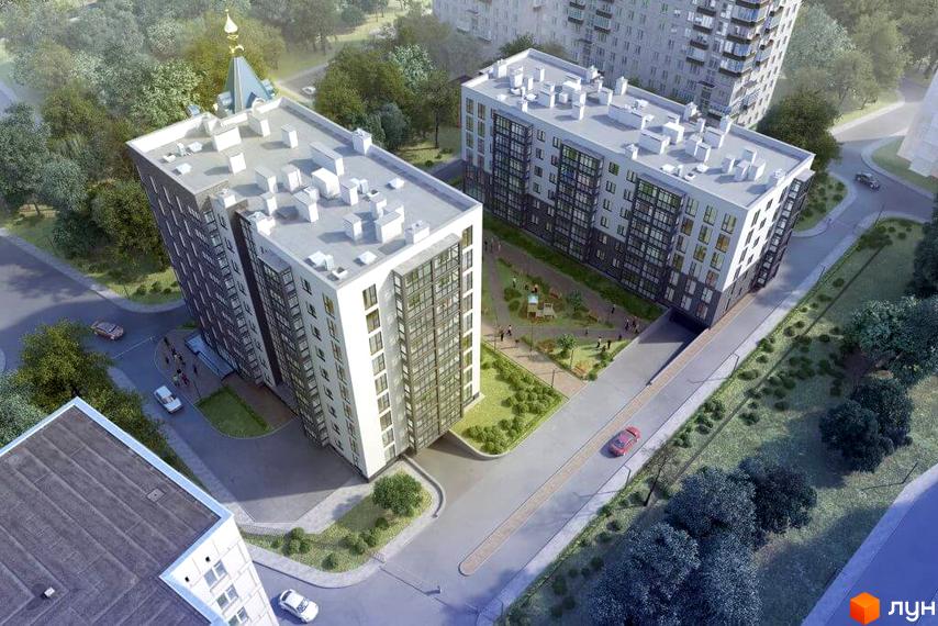 Житловий комплекс Глобус Комфорт. Високоповерхові будинки з білими фасадами та скляними балконами. На території комплексу є дитячий майданчик та зелені насадження.