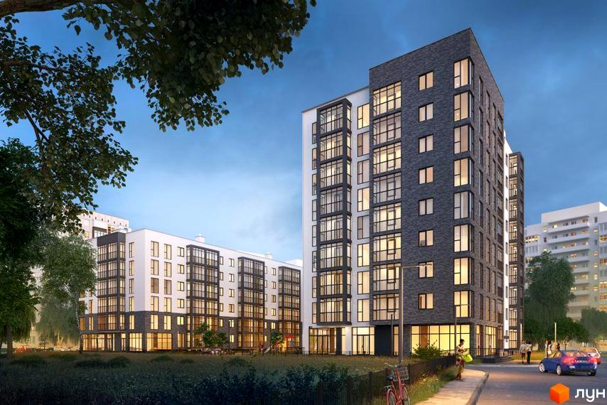 Житловий комплекс Глобус Комфорт. Високі будинки з великими вікнами та темною цегляною обробкою. На території є зелені насадження та дитячий майданчик.