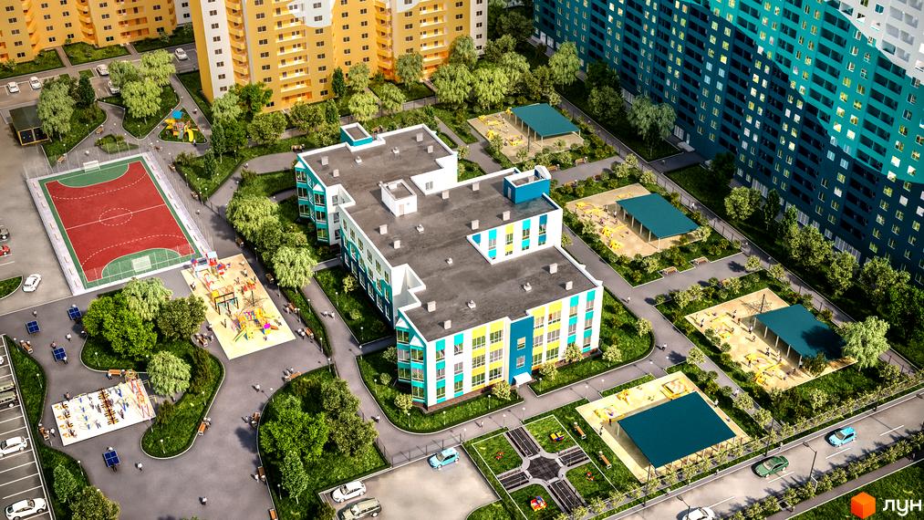Житловий комплекс Одеський бульвар. Високоповерхові будинки з яскравим фасадом та великою прибудинковою територією з дитячими майданчиками та спортивним полем.