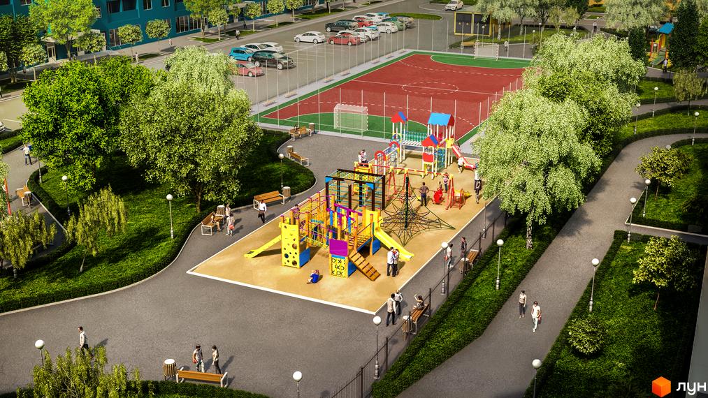 Житловий комплекс Одеський бульвар: зображення з висоти пташиного польоту, де видно дитячий майданчик, спортивний майданчик та прибудинкову територію з алеями для прогулянок.