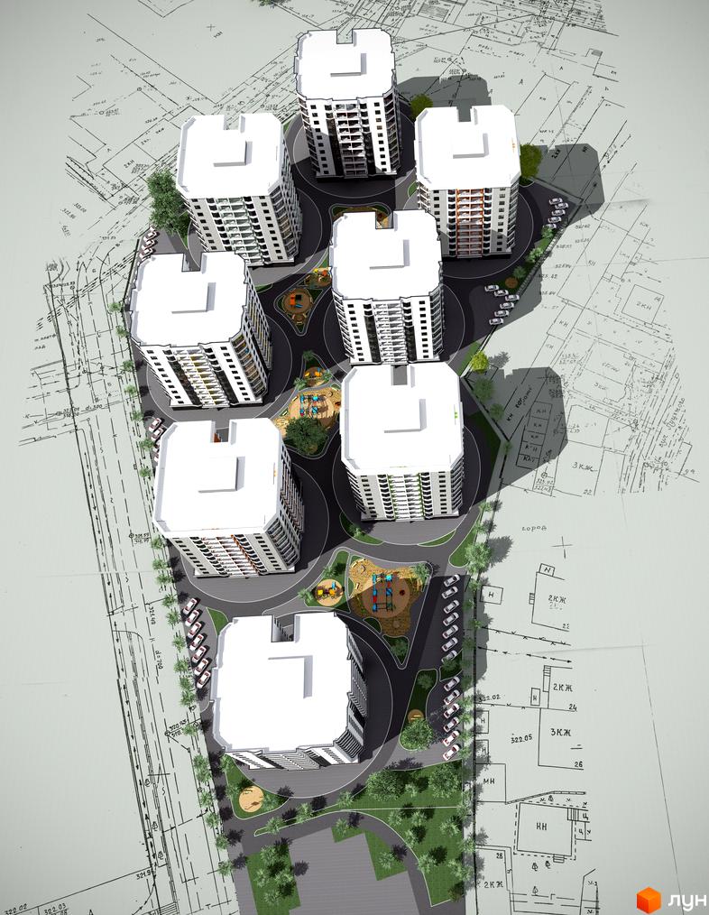 Візуалізація житлового району Веселка з висоти пташиного польоту. На території розташовані багатоповерхові будинки з білими фасадами та дитячі майданчики.