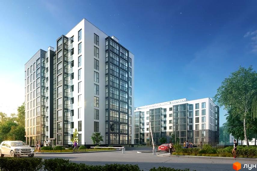 Житловий комплекс Глобус Комфорт: багатоповерхові будинки з білими фасадами та великими вікнами. Територія має дорогу, зелені насадження та шлагбаум.