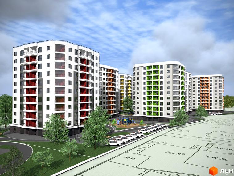 Зображення житлового комплексу Веселка: багатоповерхові будинки з кольоровими балконами, зелені насадження та дитячий майданчик.