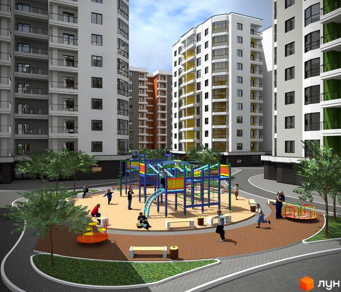 Зображення багатоповерхового будинку Житлового комплексу Веселка з дитячим майданчиком у дворі. Навколо будівлі зелені насадження та пішохідні зони.