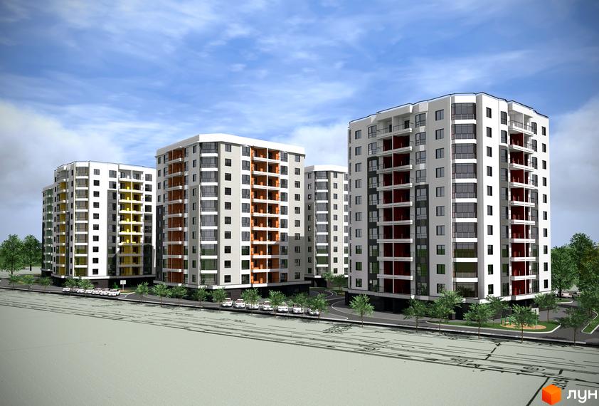 Зображення Житлового комплексу Веселка. Багатоповерхові будинки з великими вікнами та балконами, прибудинкова територія з деревами та парковкою.