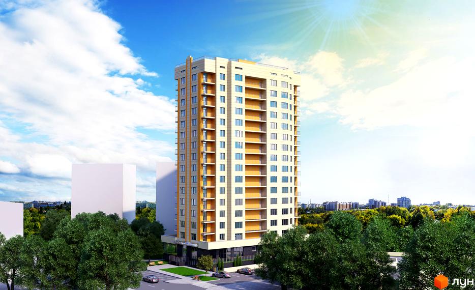 Зовнішній вигляд багатоповерхового будинку ЖК Karaway Tower з балконами та вікнами. Навколо будинку зелені дерева та дорога з автомобілями.