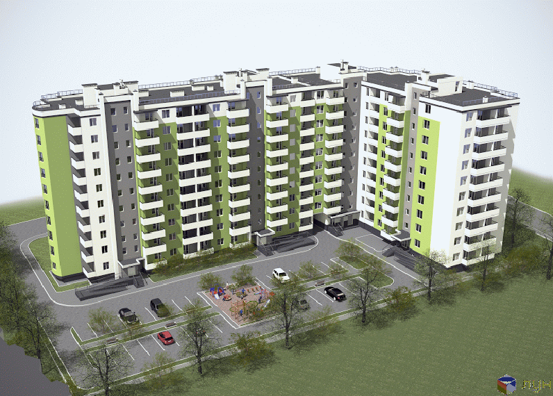 Житловий комплекс Гетьманський: багатосекційний будинок із зеленими та світлими фасадами, паркінг та дитячий майданчик.