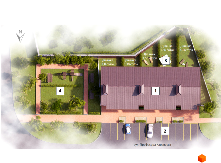 Зображення житлового комплексу з таунхаусами. На території комплексу є парковка, дитячий майданчик та зелені зони.