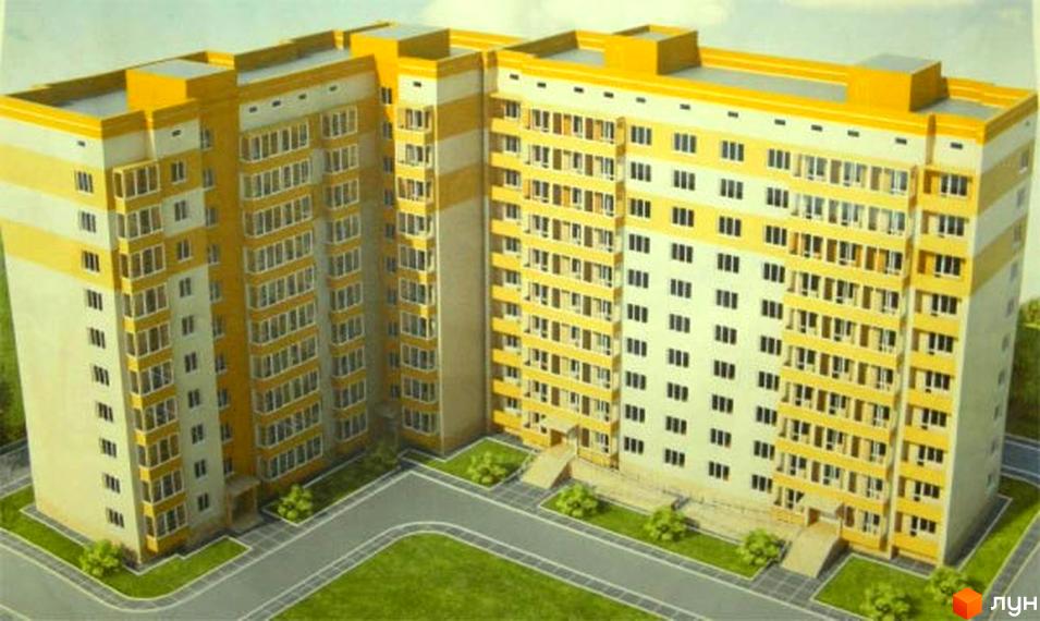 Зовнішній вигляд новобудови на вул. Хмельницьке шосе, 122а, з жовтими та білими фасадами, балконами та численними вікнами. Прибудинкова територія з зеленими насадженнями та доріжками.