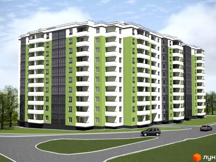 Житловий комплекс Гетьманський з багатоповерховим будинком у біло-зелених та темно-сірих тонах. Навколо будинку проїжджа частина з автомобілями та зелені насадження.