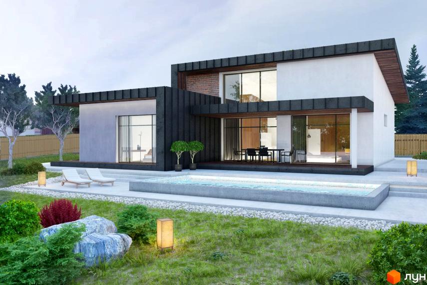 Будинок Котеджного містечка 4 Houses з білими стінами, темними панелями та великими вікнами. Навколо басейн, тераса з шезлонгами та доглянутий газон.