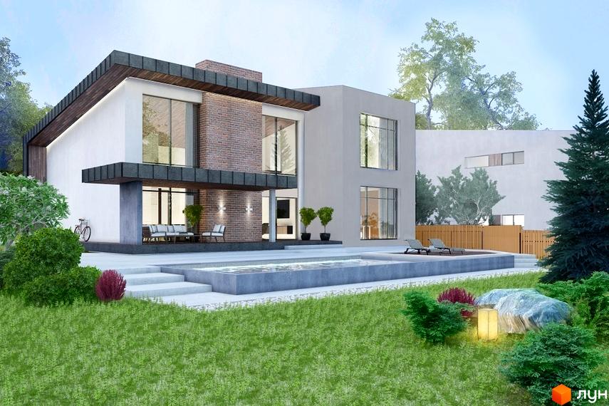 Зображення будинку з великими вікнами та плоским дахом. Перед будинком розташований басейн та доглянутий газон з рослинами.