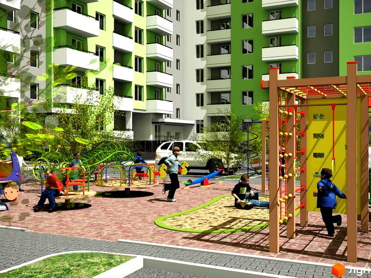 Зображення Житлового комплексу Гетьманський з дитячим майданчиком на прибудинковій території. Багатоповерховий будинок з зеленими балконами.