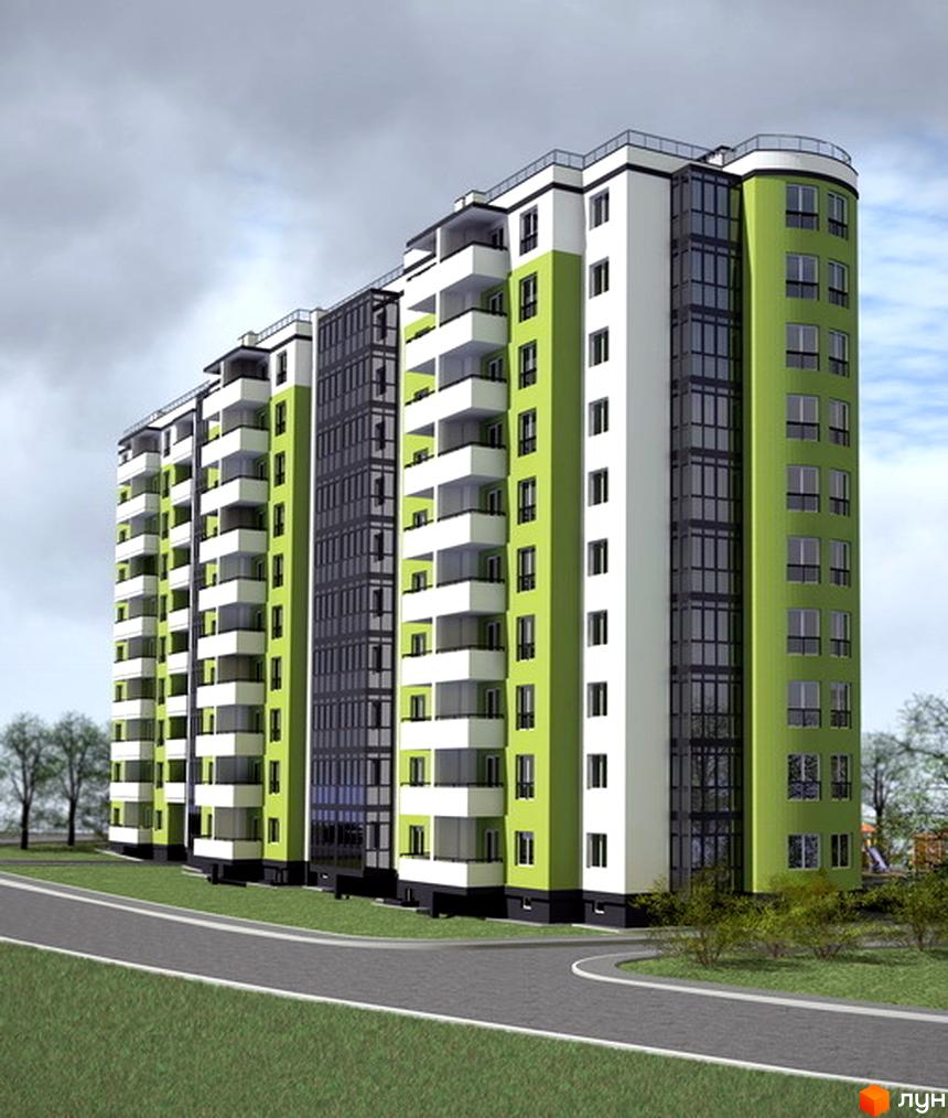 Житловий комплекс Гетьманський: багатоповерховий будинок з салатово-білими фасадами, чорними заскленими секціями, балконами та прилеглою дорогою і газоном.