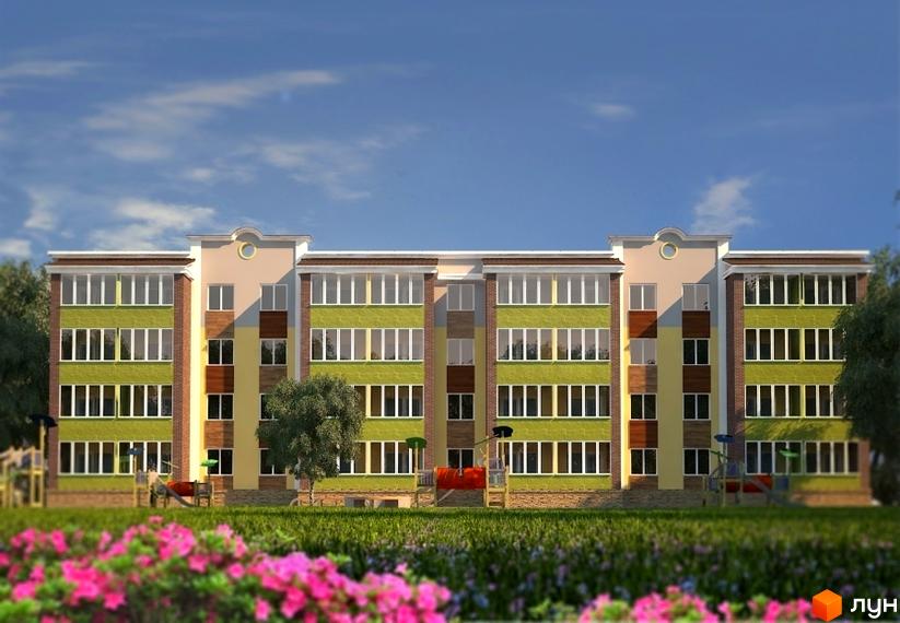 Зображення фасаду багатоповерхового будинку. На передньому плані газон з квітами, дитячий майданчик.