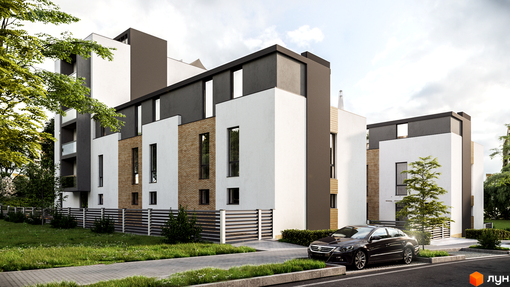 Клубний будинок Corner – це сучасна новобудова з білою та цегляною обробкою фасадів, великими вікнами та балконами. Територія навколо будинку упорядкована, з доглянутим газоном та парковкою для автомобілів.