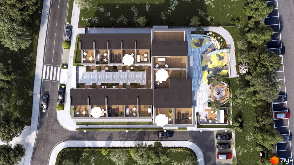 Клубний будинок Corner: вид зверху на багаторівневі тераси з меблями та зеленню. Поруч дитячий майданчик та парковка.