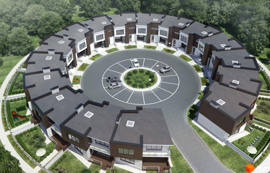 Зображення котеджного двору „Сметана“ з висоти пташиного польоту. Круглі будинки з сірими дахами та коричневими вставками, двір з парковкою та зеленими насадженнями.