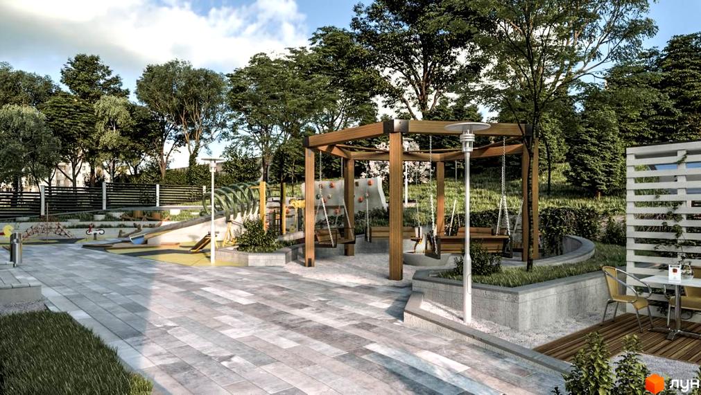 Клубний будинок Corner. Сучасний дитячий майданчик з гойдалками та гірками, зоною відпочинку з столом та стільцями.