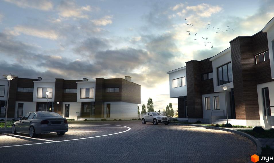 Зображення Котеджного комплексу „Сметана“ з автомобілями на подвір'ї. Фасад будинку оздоблено темним деревом та білою штукатуркою.