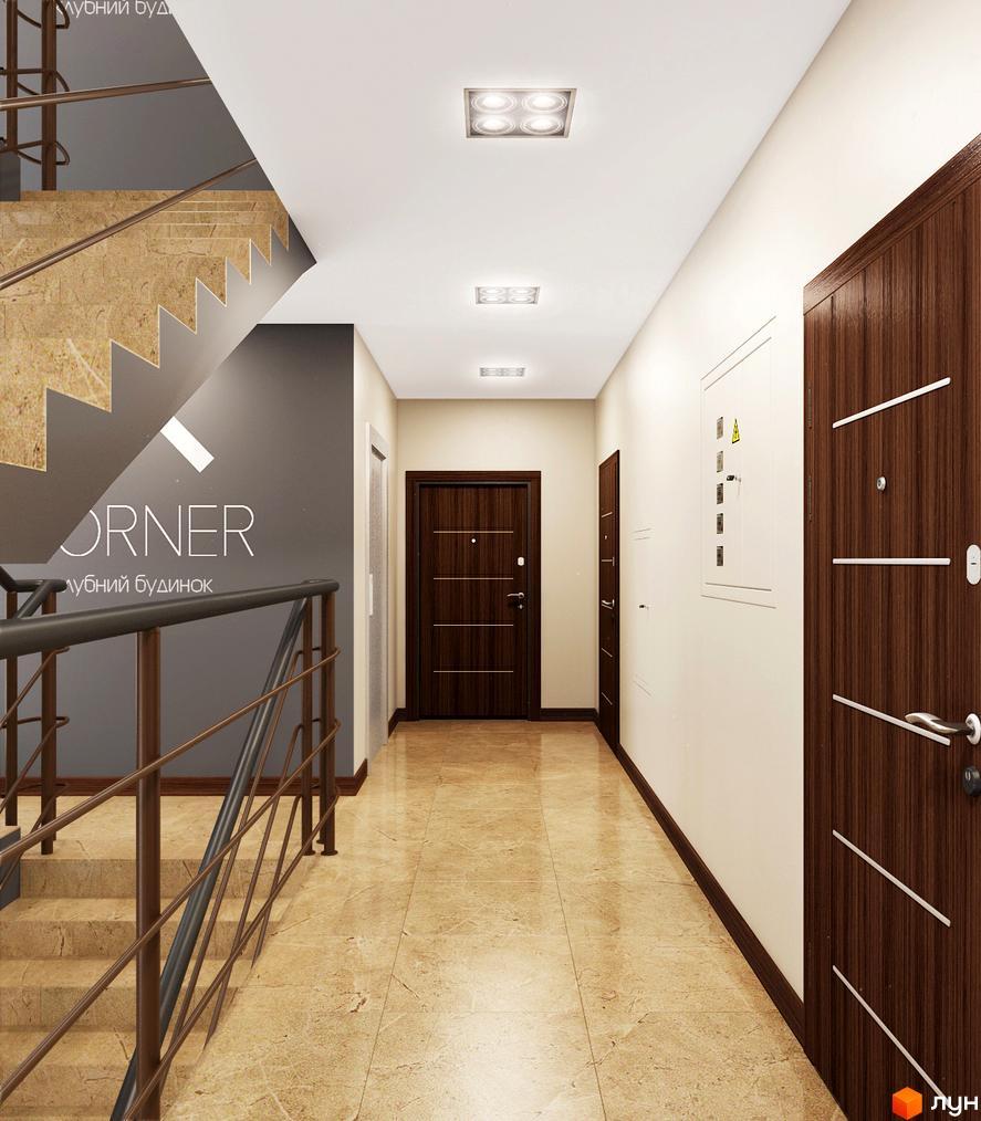 Дизайн холу клубного будинку Corner з мармуровою плиткою на підлозі та сходах, темними дерев'яними дверима та сучасним освітленням. Опис інтер'єру новобудови.