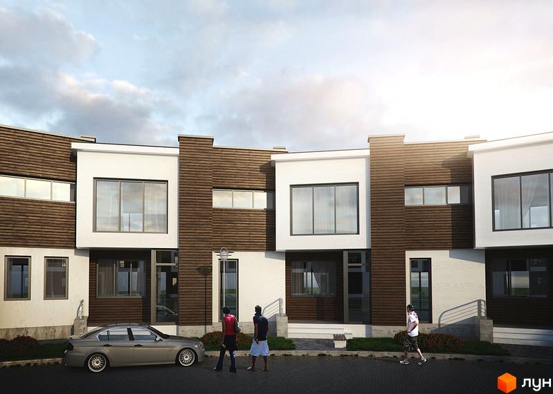 Зображення котеджного двору „Сметана“: триповерхові будинки з великими вікнами та оздобленням з дерева. Перед будинками припаркований автомобіль та ходять люди.