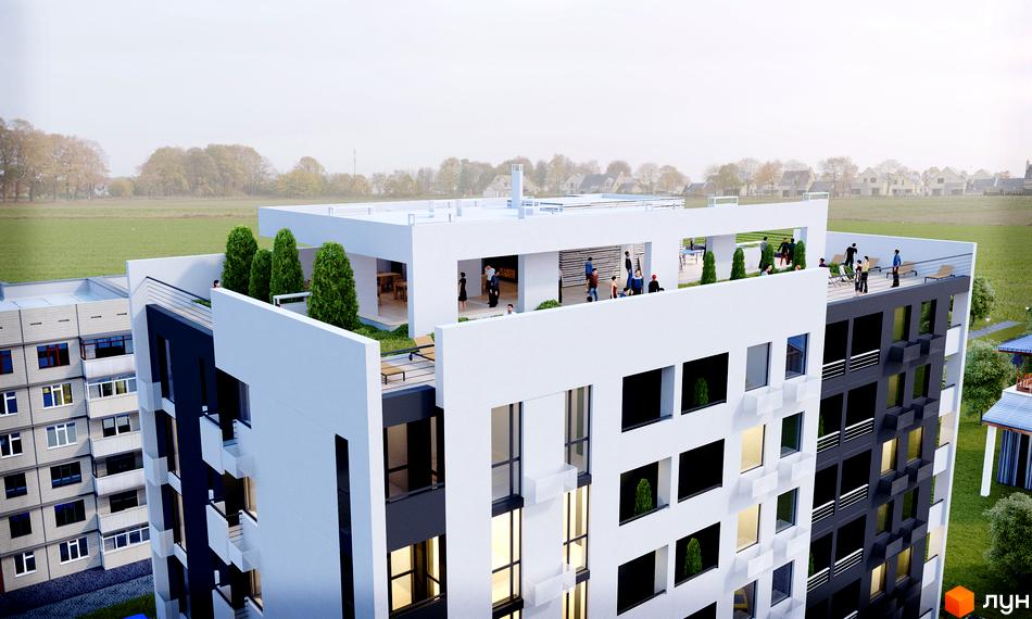 Клубний будинок Dream House з біло-сірим фасадом та терасами на даху. Навколо будинку зелена зона та сусідні будівлі.