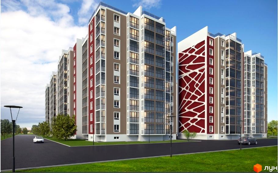 Новобудова Khmelnytskyi Park з коричневими та червоними фасадами, великими вікнами та прибудинковою територією з дорогою та зеленими насадженнями.