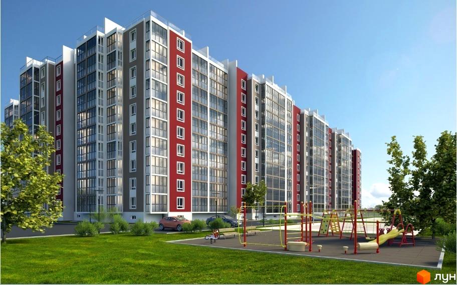 Зовнішній вигляд новобудови ЖК Khmelnytskyi Park з червоно-сірими фасадами та великими вікнами. На прибудинковій території розташований дитячий майданчик та зелена галявина.