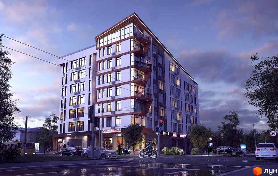 Житловий комплекс Nyvky Plaza з великими вікнами та балконами. На прибудинковій території є парковка, дерева та дорога з автомобілями.