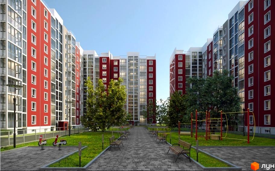 Зовнішній вигляд житлового комплексу Khmelnytskyi Park з червоно-білими фасадами та великими вікнами. На прибудинковій території зелена зона, лавки та дитячий майданчик.