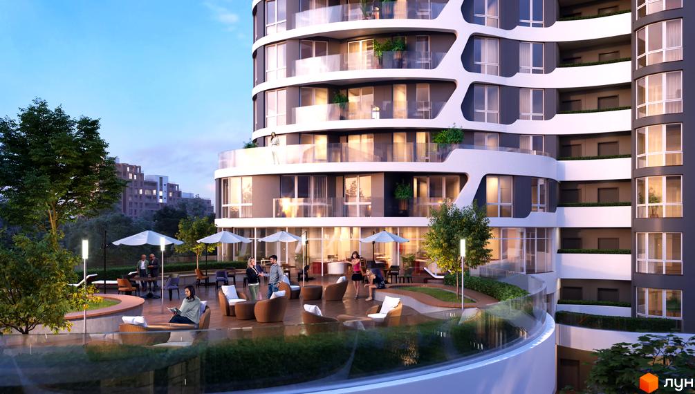 Зображення Житлового комплексу Парус Smart з терасою на даху. Вигляд новобудови та зони відпочинку з парасольками.